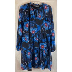 Lark + Grey Floral Print Long Sleeve Mini Dress Black Blue Red Size‎ M
